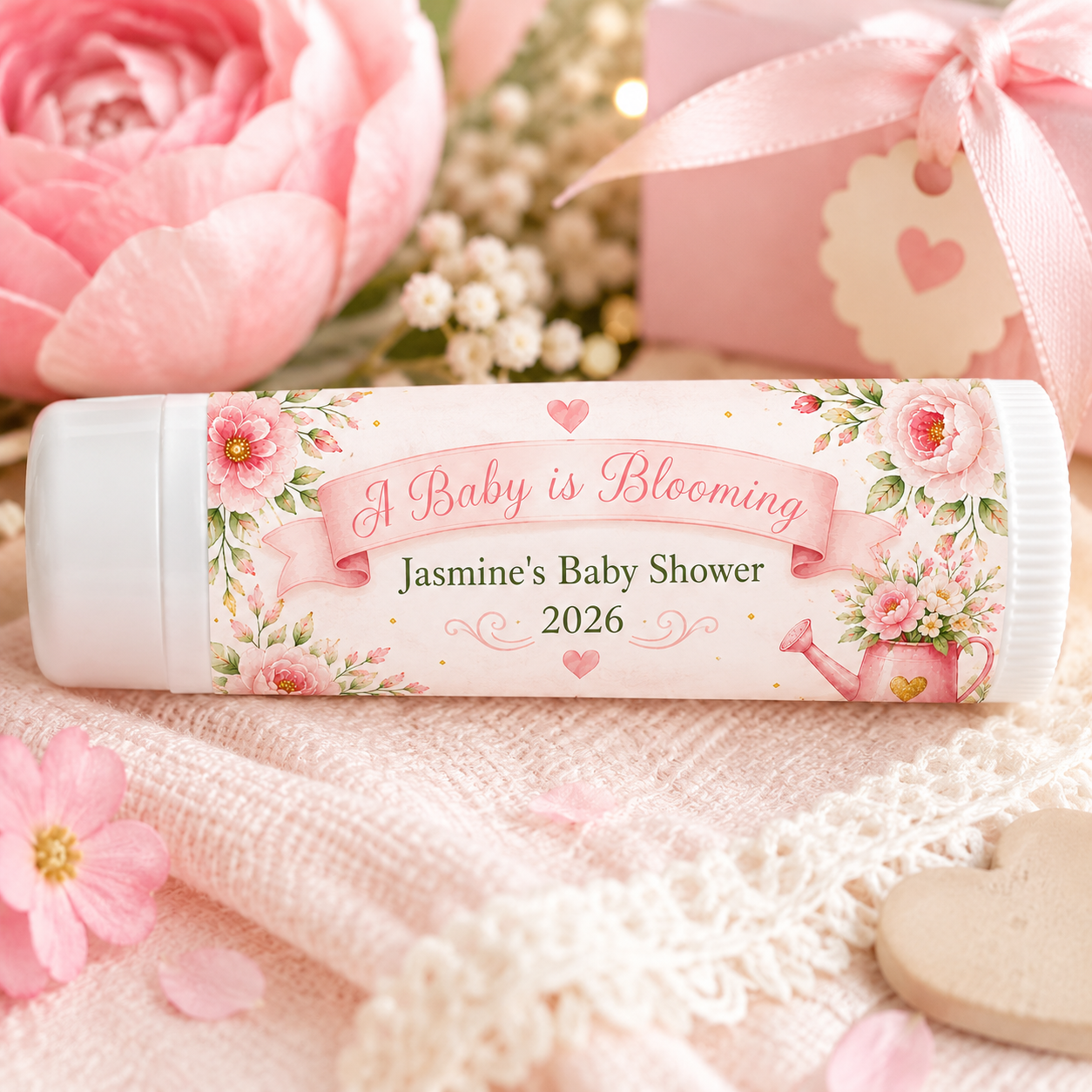 Personalized Baby Shower Lip Balm Favors - A Baby is Blooming Party Favors