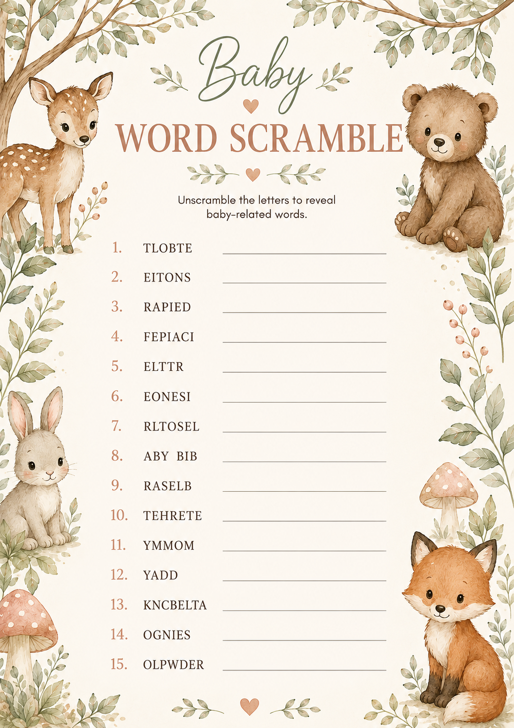 a baby shower word scramble card game on 5x7 paper featuring small woodland animals