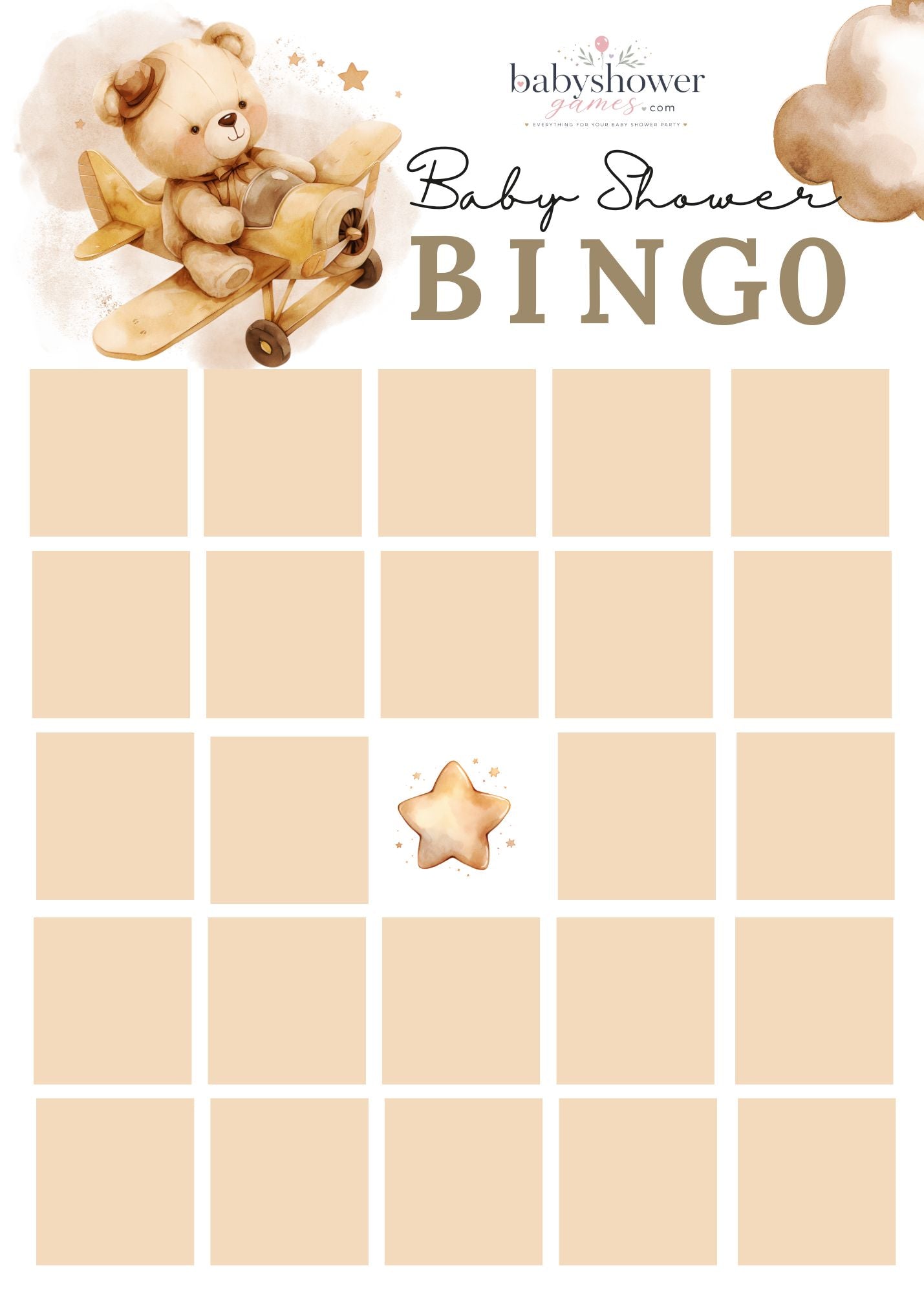 a 5x7 baby shower bingo card game featuring a watercolor bohemian style bear flying a wooden airplane in the clouds