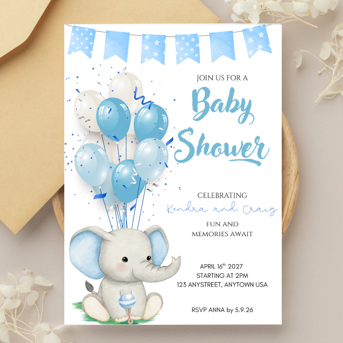 Blue Baby Elephant Baby Shower Invitations – Custom 5x7" Card