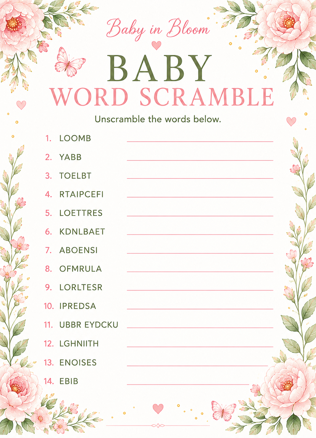 Baby in Bloom Baby Word Scramble | Classic Baby Shower Game