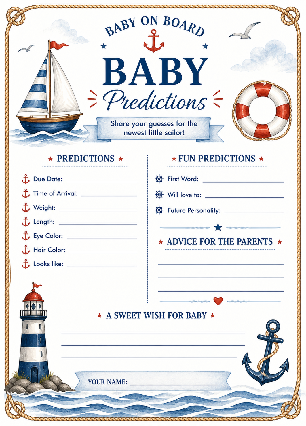 Nautical Baby Shower Predictions Game - Baby on Board Shower Theme Game
