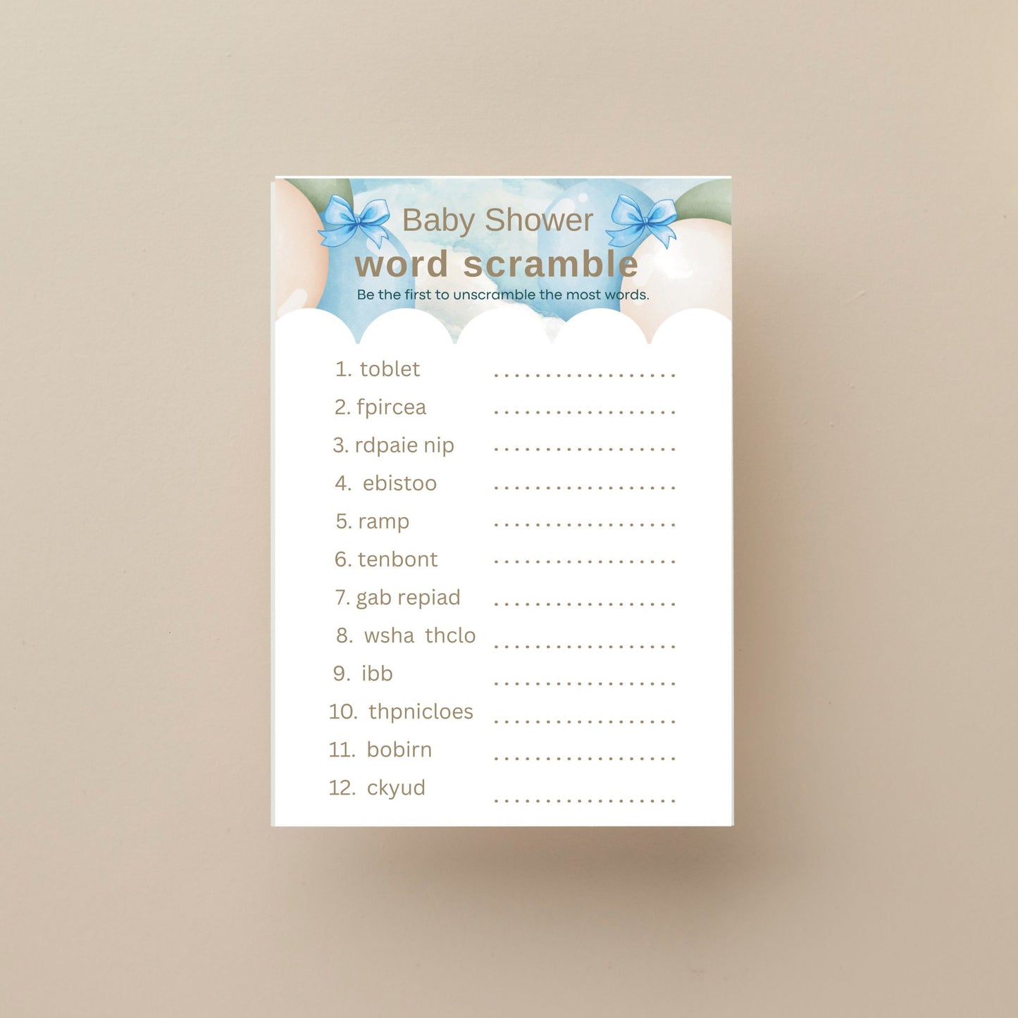 Baby Bear Blue Baby Shower Word Scramble Game – Game Cards (5x7")