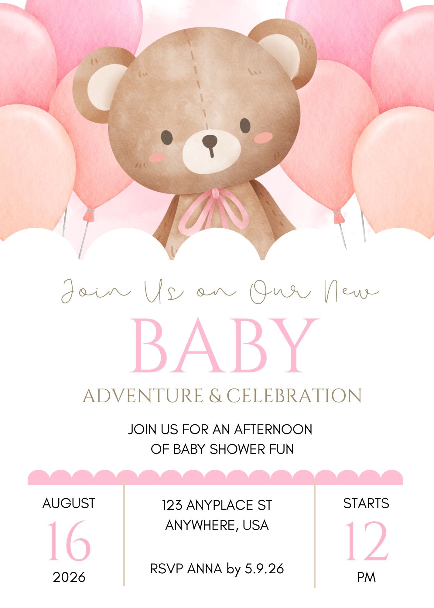 Pink Baby Bear Baby Shower Invitation - Customized (click to customize)