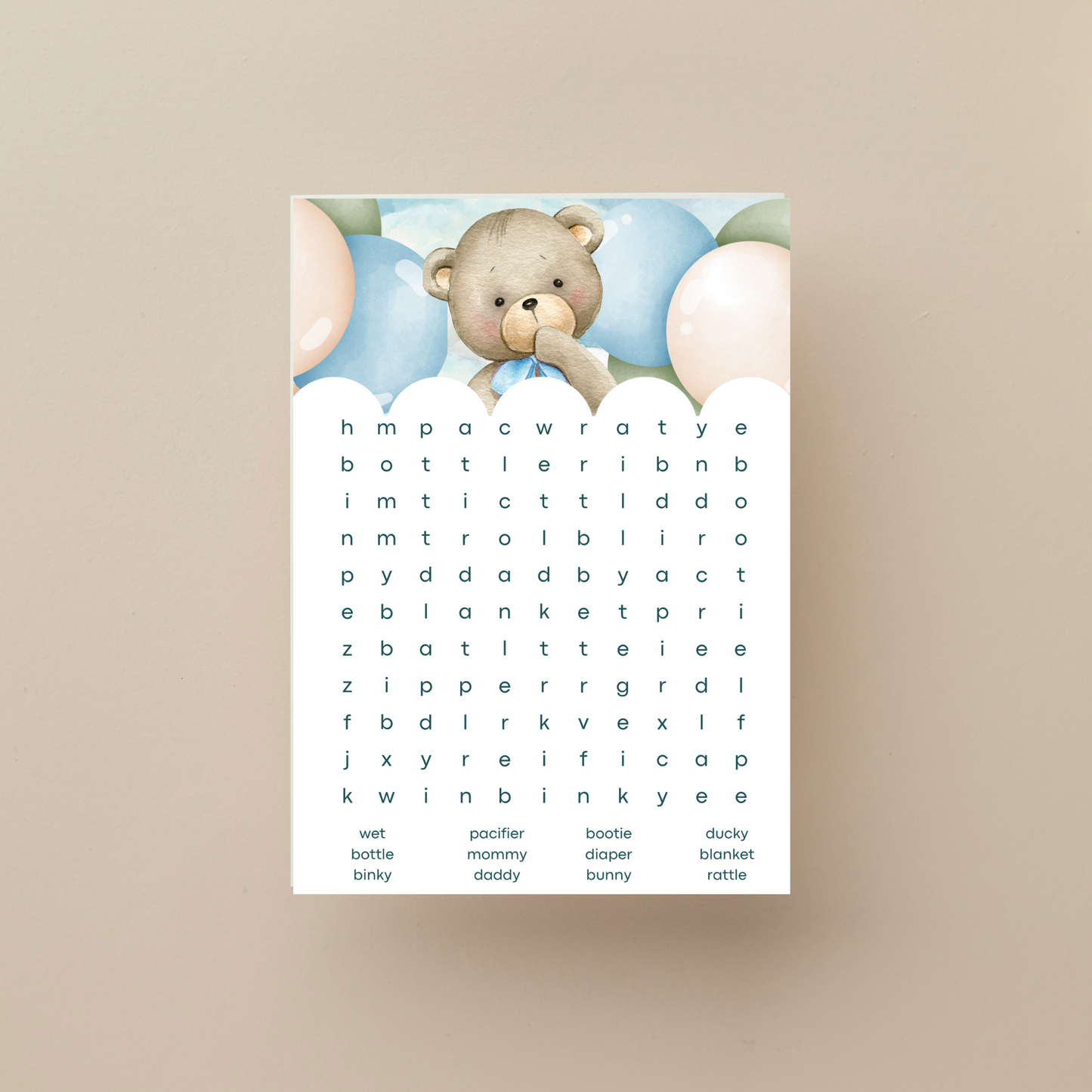 Baby Bear Blue Shower Word Search Game – 20 Printable Game Sheets