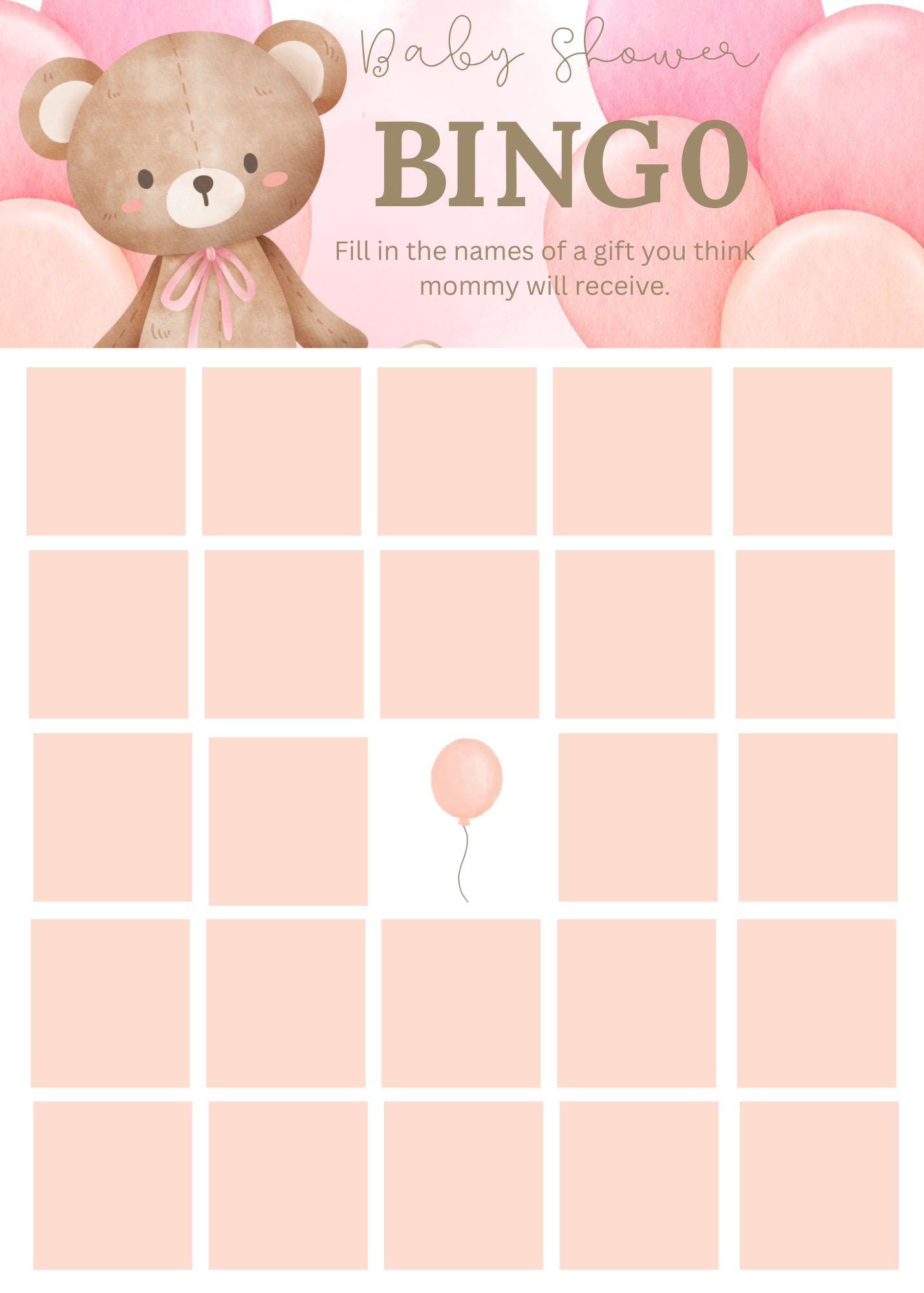 Pink Baby Bear Baby Shower Bingo Game – Set of 25 Cards