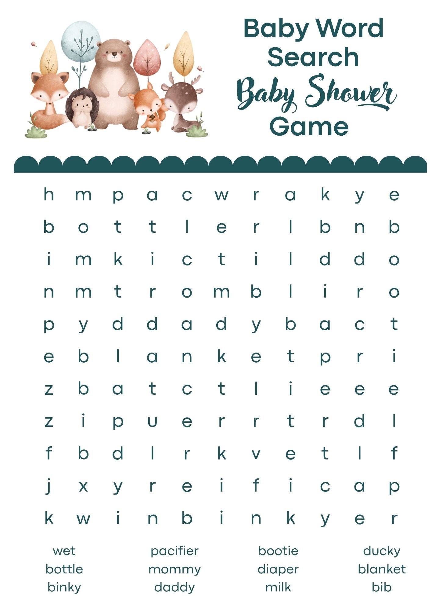 Woodland Downloadable Baby Shower Word Search Game – Printable Baby Shower Game, Baby Word Search Activity Card, Instant Download
