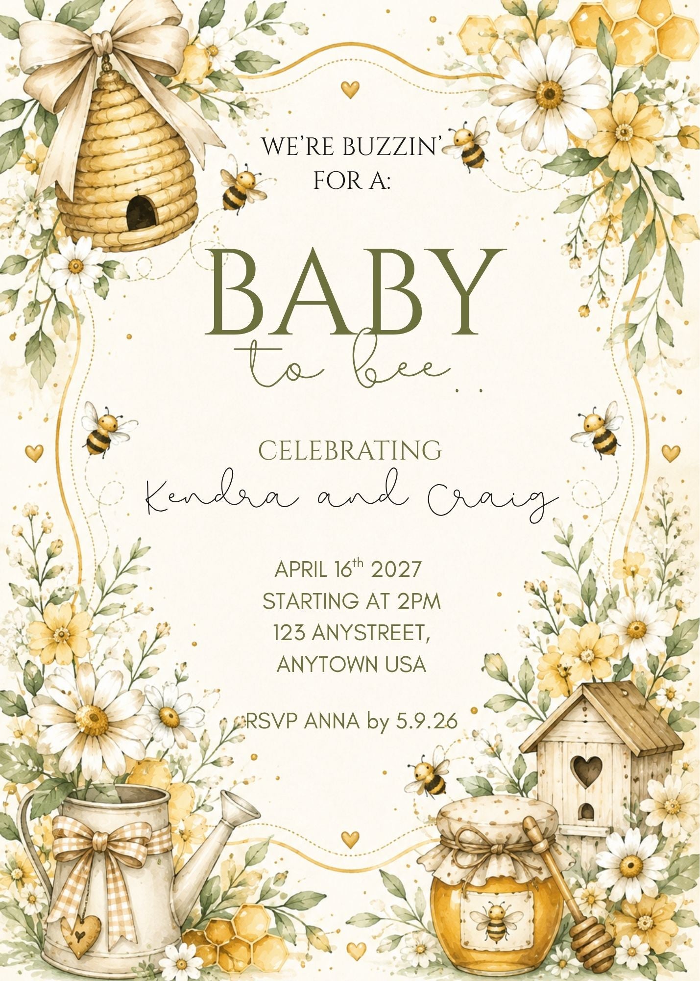 Baby to Bee Baby Shower Invitation – Personalized Bee & Honey Baby Shower Invite, 5x7