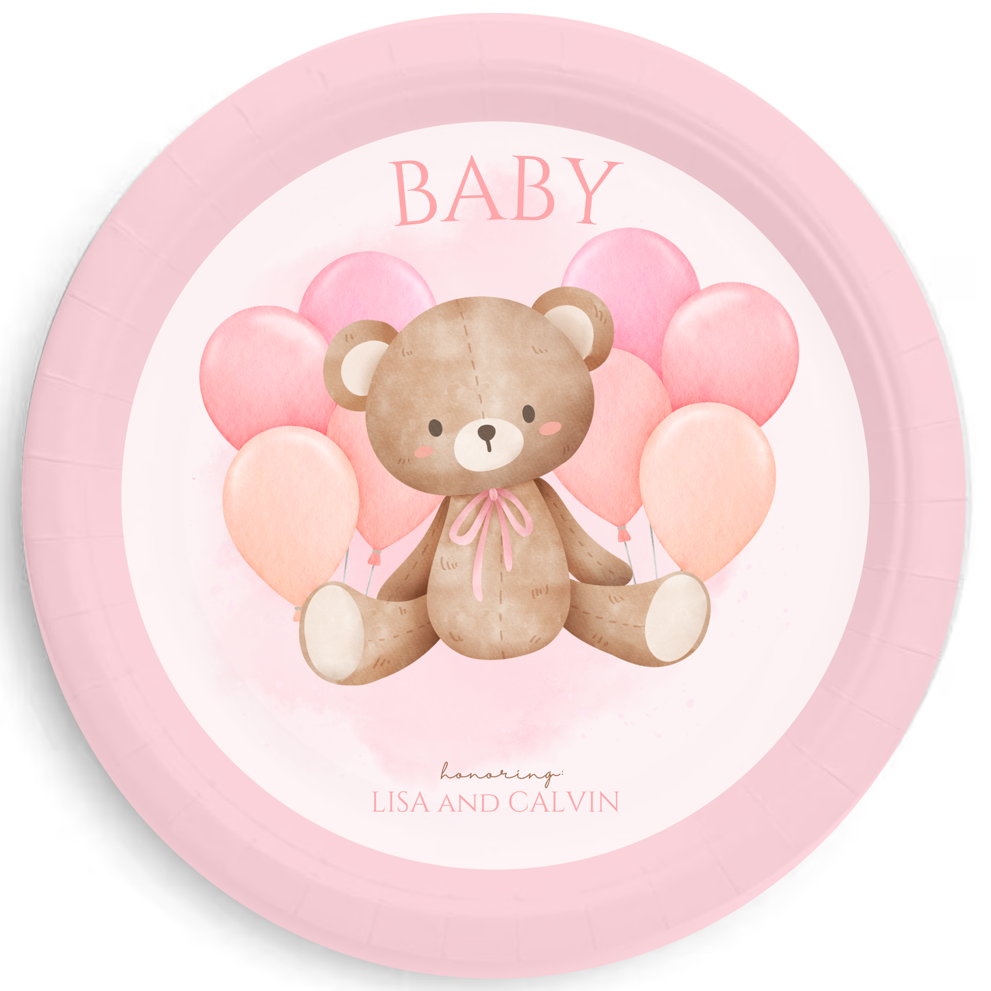 Beary Pink Personalized Baby Shower Plates – Cute Bear & Pink Balloon Party Plates, Teddy Bear Baby Shower Tableware, 7" or 9" Set of 8