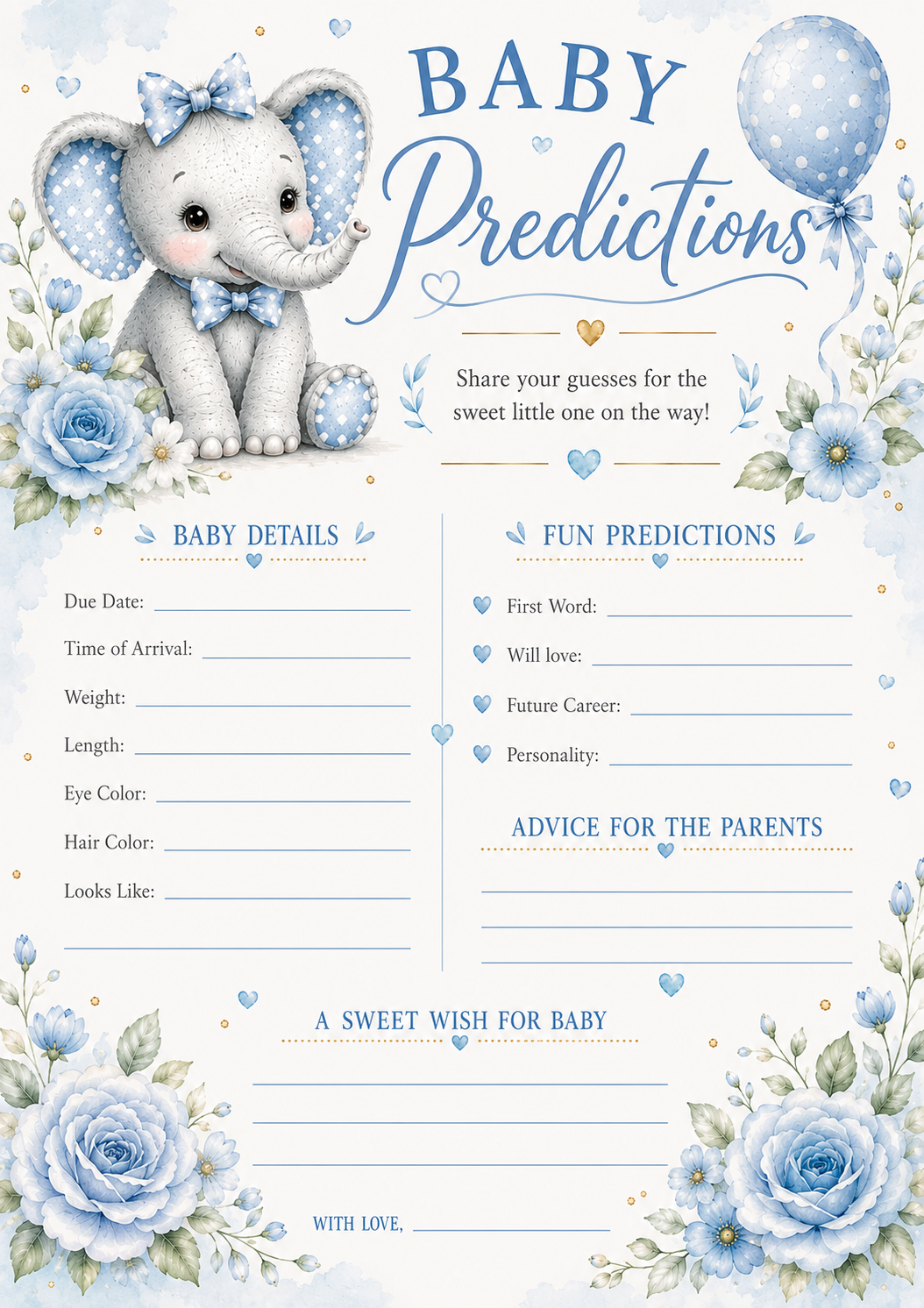 Blue Elephant Baby Predictions Baby Shower Game