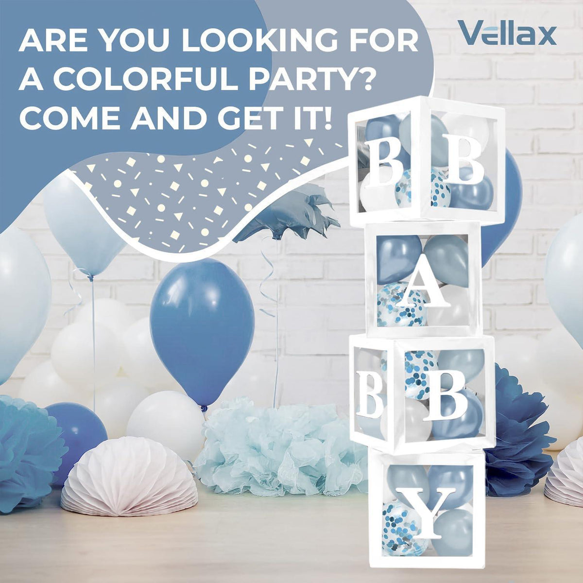 Baby Shower Boxes with Letters 44 Pcs White Boxes with White Dusty Blue Light Blue and Confetti Balloons Gender Reveal & Party Decoration Set by
