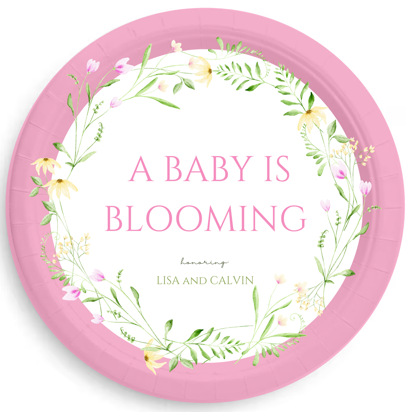 Baby in Bloom Personalized Baby Shower Plates – Pink Floral Baby Shower Party Plates, Garden Theme Tableware, 7" or 9" Set of 8 (2 Styles)