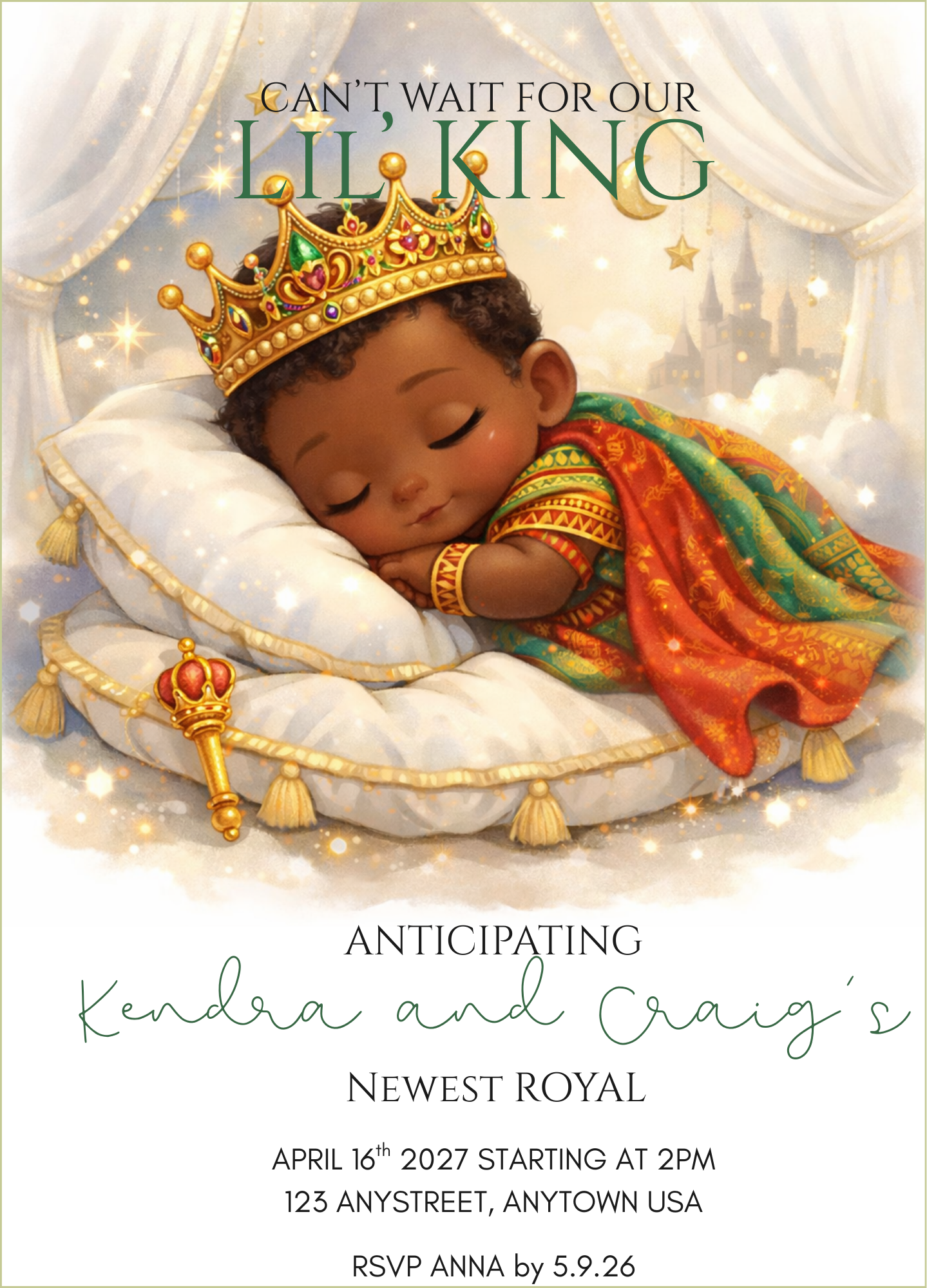 Lil’ King Baby Shower Invitation – African American Baby King Invite (Personalized 5x7 Printed Card)