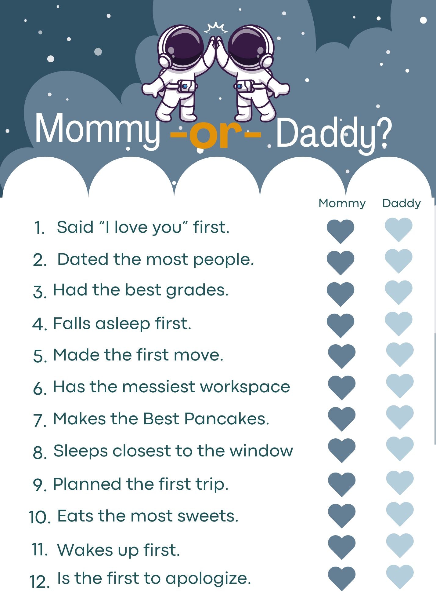A printable activity sheet titled "Mommy-or-Daddy?" with a list of 12 personality and behavior clues, each with columns for Mommy and Daddy filled with heart icons in different blue shades. The top has an illustration of two astronauts high-fiving against a dark blue starry space background.