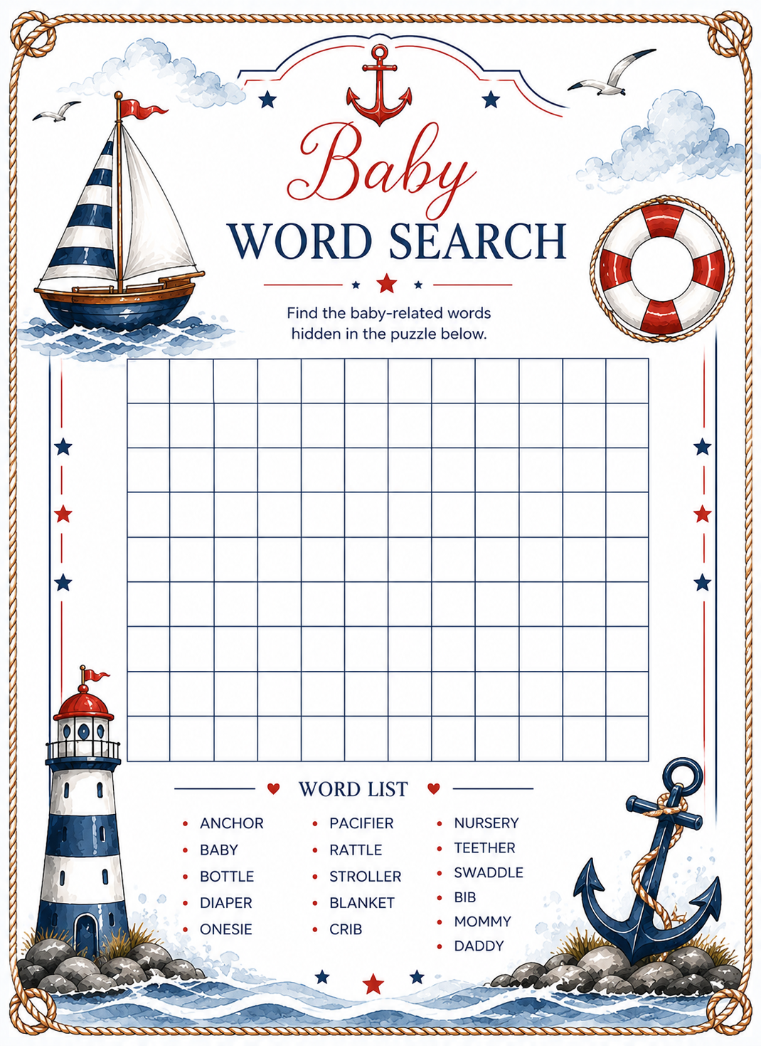 Nautical Baby Shower Game Bundle – 5 Printed Baby Shower Games | Personalized Coastal Theme Party Games Made in USA