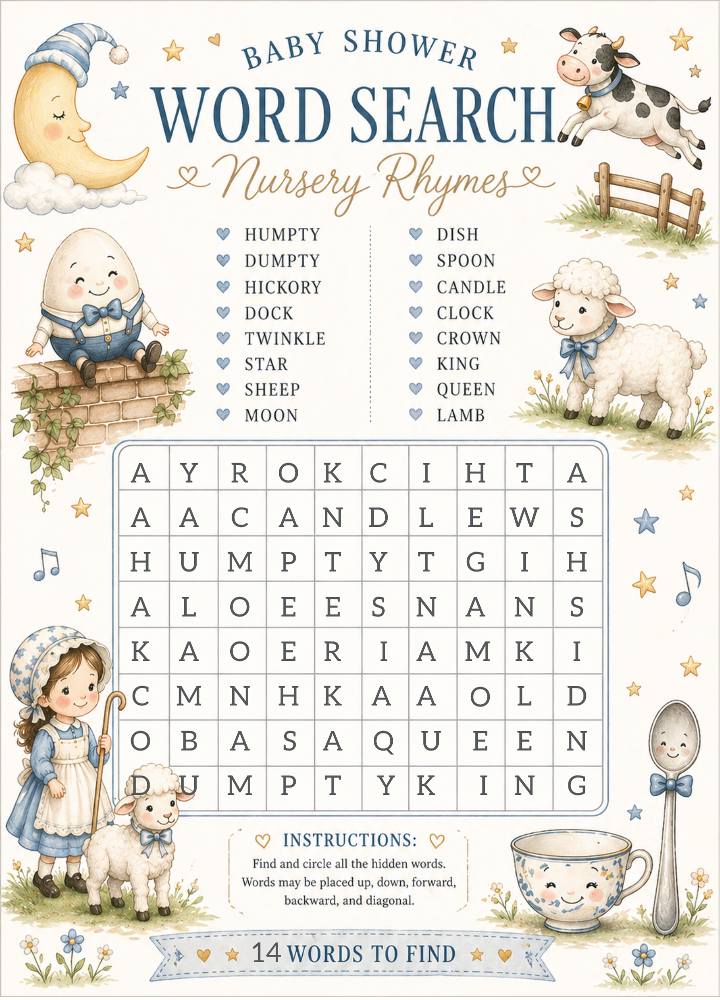 Baby shower word search with nursery rhyme theme featuring illustrations of a moon, cow, sheep, and nursery rhyme characters.