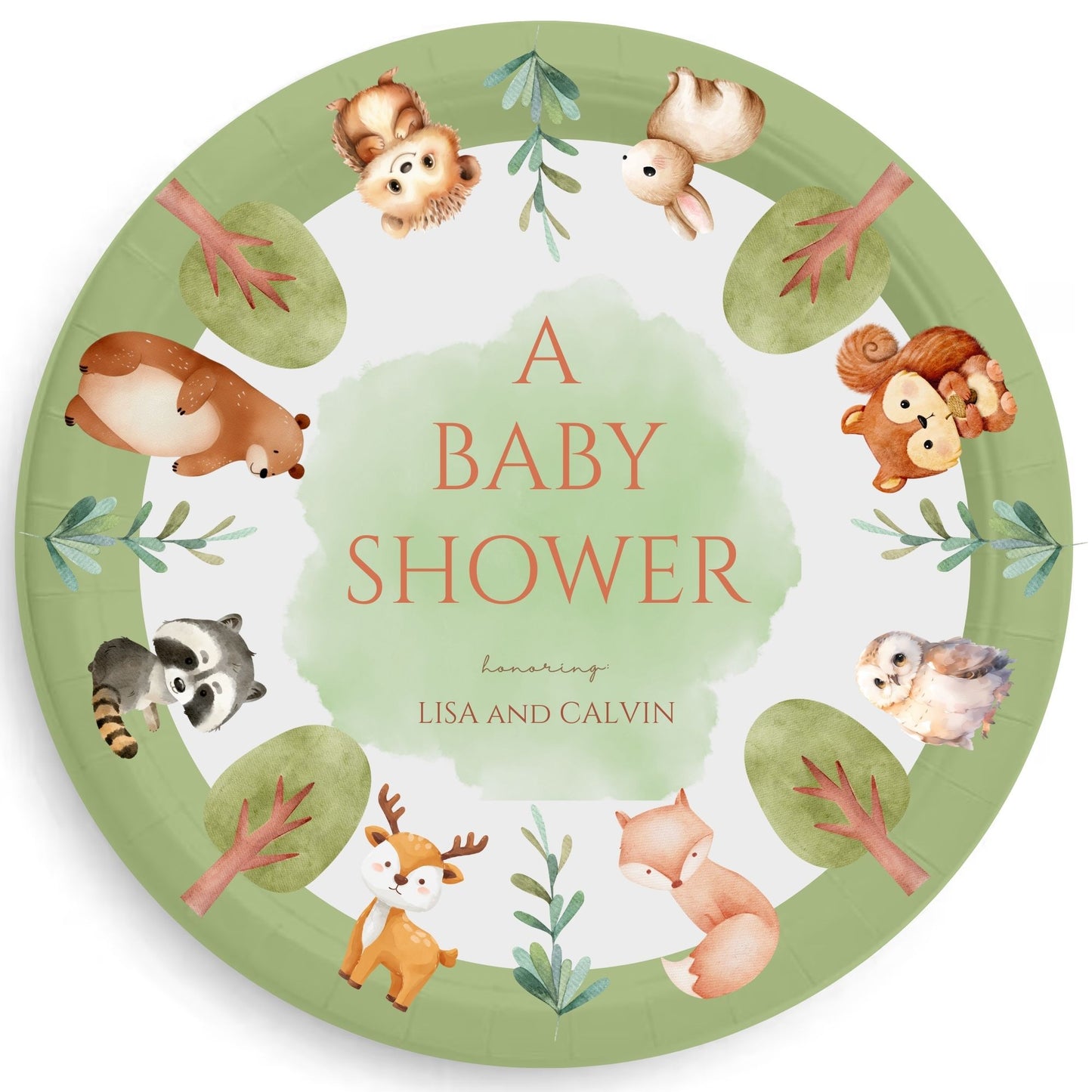 Personalized Woodland Baby Shower Party Plates 9 Inch