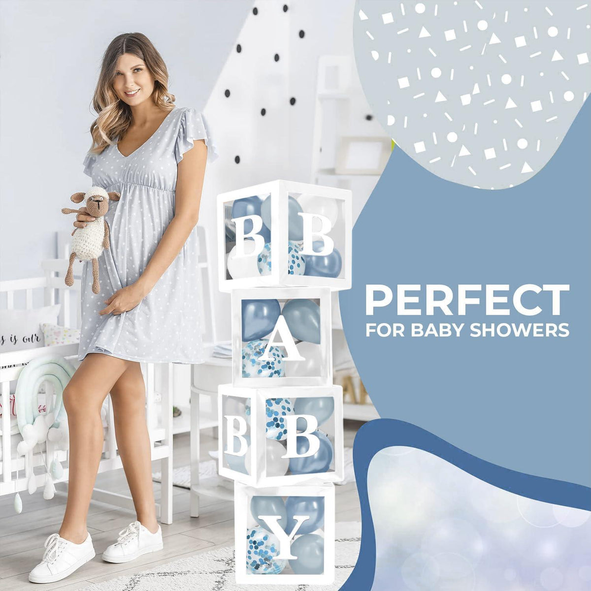 Baby Shower Boxes with Letters 44 Pcs White Boxes with White Dusty Blue Light Blue and Confetti Balloons Gender Reveal & Party Decoration Set by
