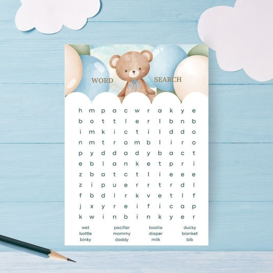 Blue Bear Baby Shower Word Search Game - Traditional Baby Shower Game