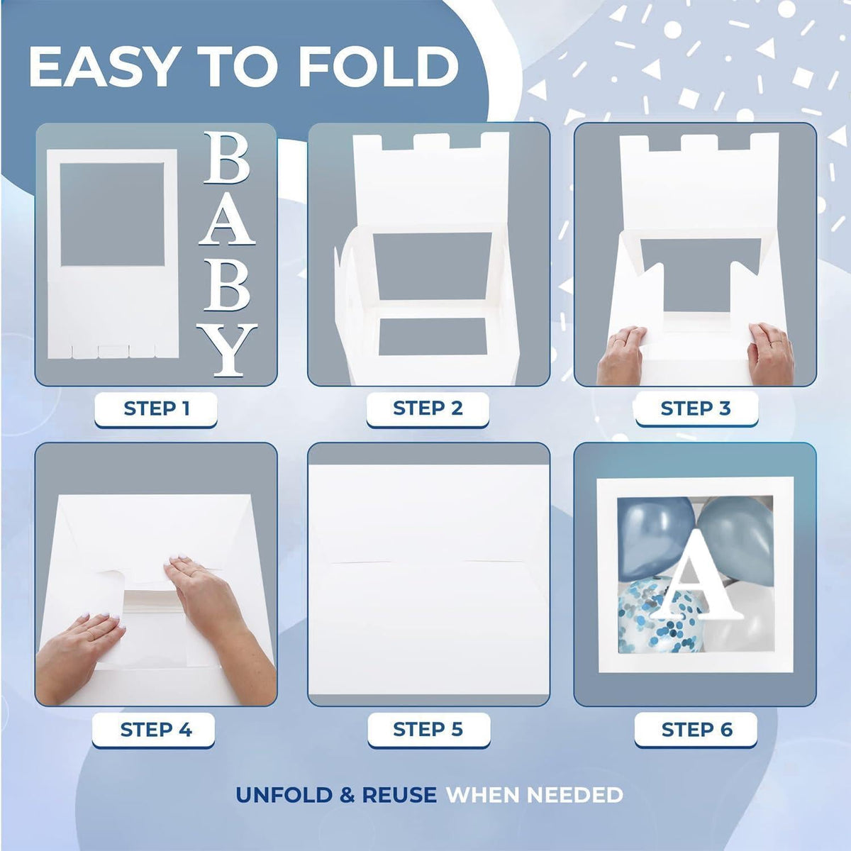 Baby Shower Boxes with Letters 44 Pcs White Boxes with White Dusty Blue Light Blue and Confetti Balloons Gender Reveal & Party Decoration Set by