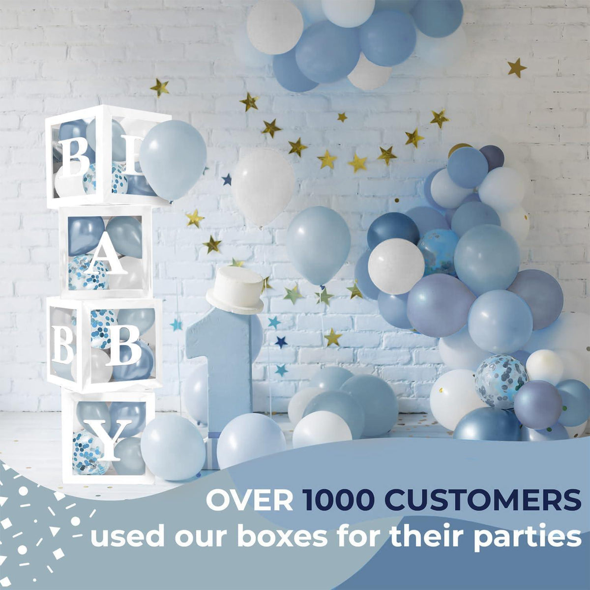 Baby Shower Boxes with Letters 44 Pcs White Boxes with White Dusty Blue Light Blue and Confetti Balloons Gender Reveal & Party Decoration Set by