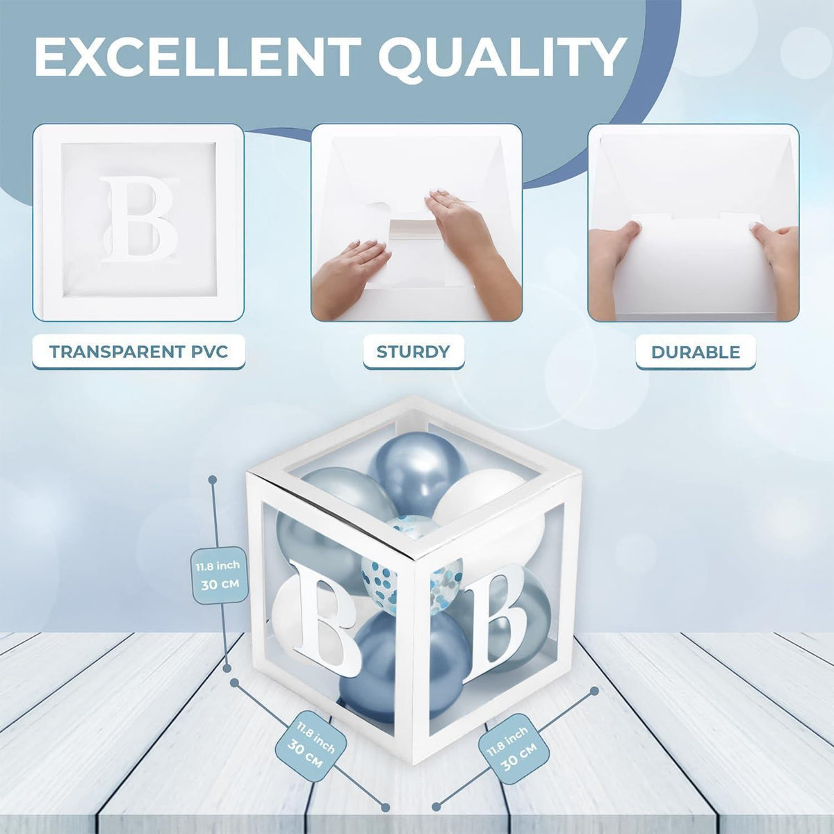 Baby Shower Boxes with Letters 44 Pcs White Boxes with White Dusty Blue Light Blue and Confetti Balloons Gender Reveal & Party Decoration Set by