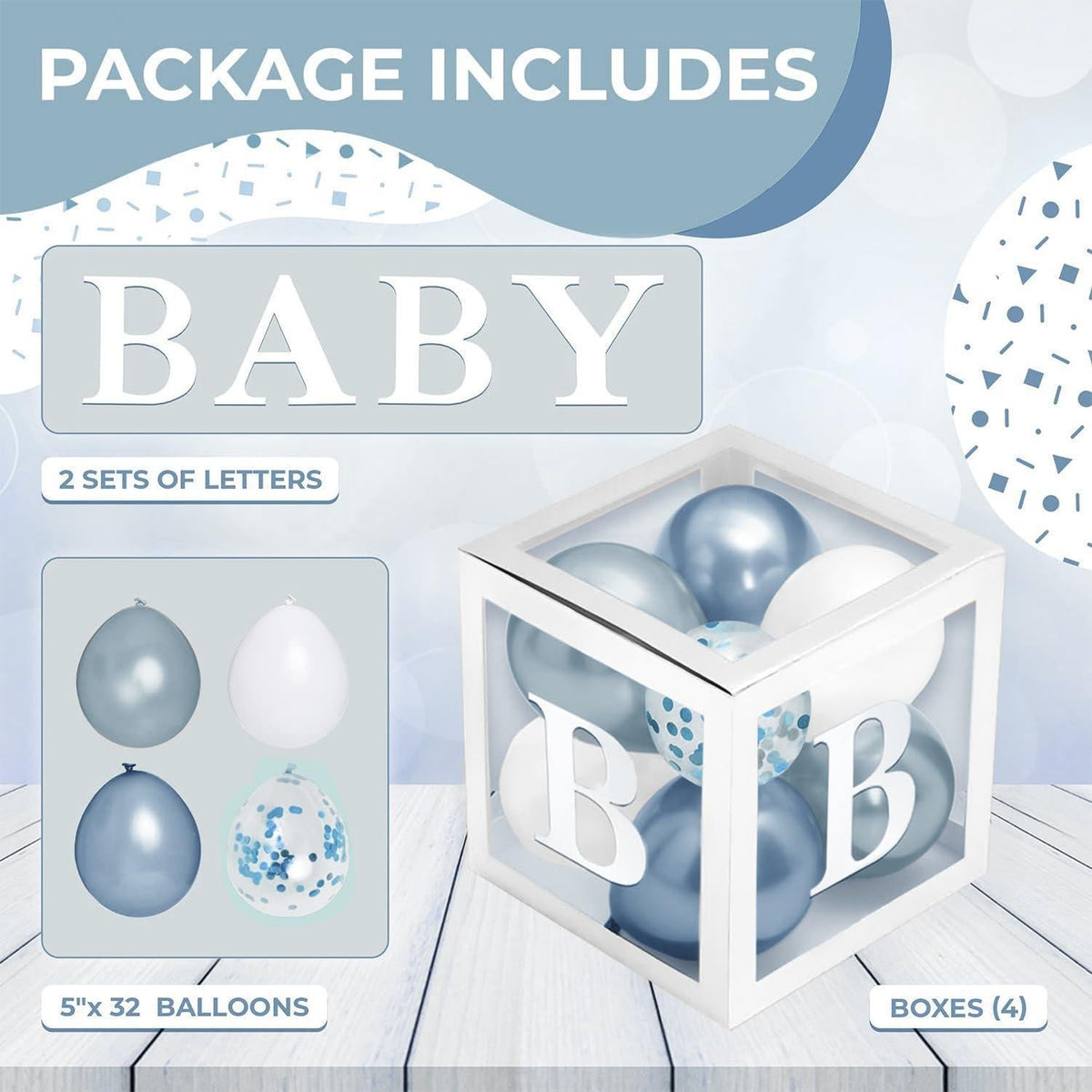 Baby Shower Boxes with Letters 44 Pcs White Boxes with White Dusty Blue Light Blue and Confetti Balloons Gender Reveal & Party Decoration Set by