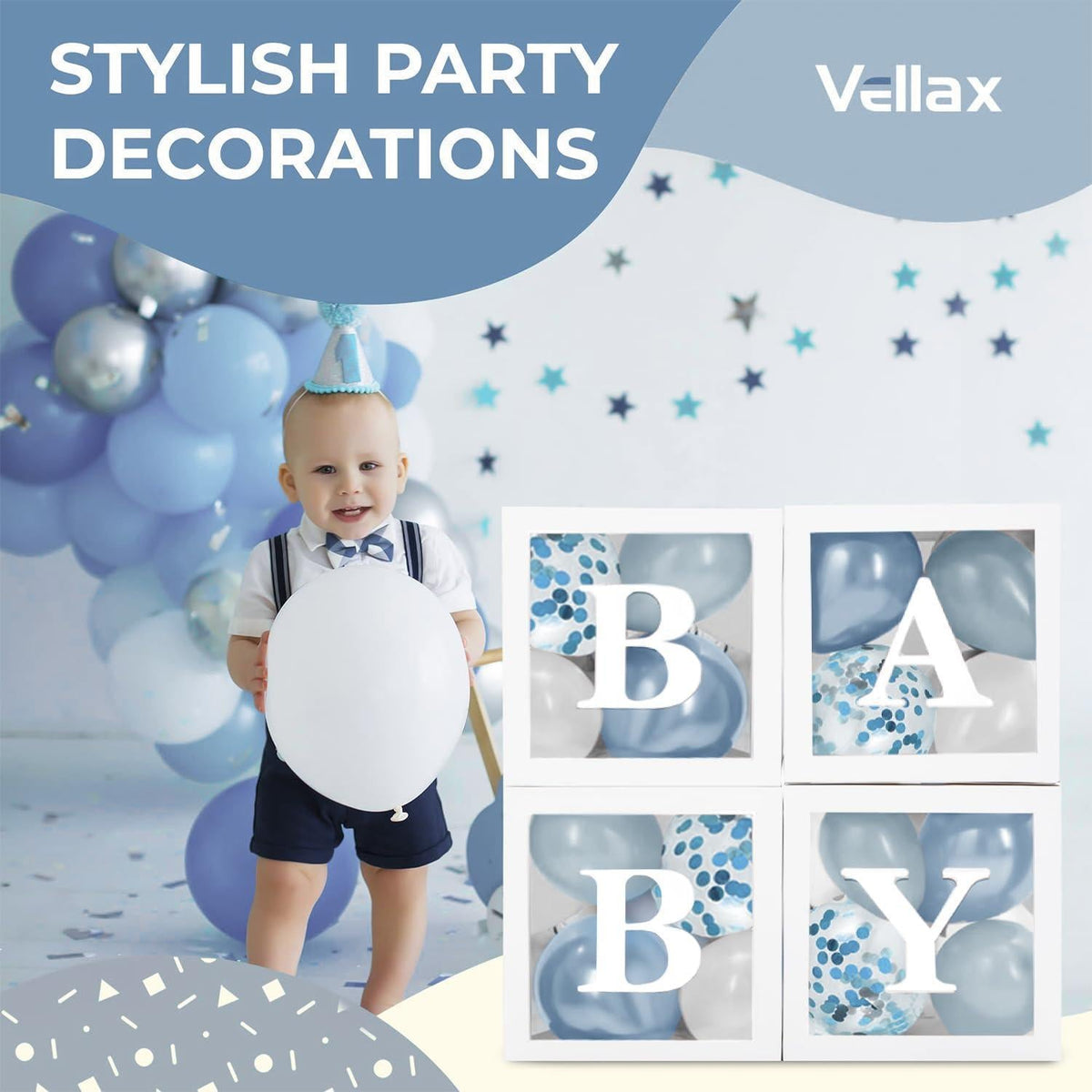 Baby Shower Boxes with Letters 44 Pcs White Boxes with White Dusty Blue Light Blue and Confetti Balloons Gender Reveal & Party Decoration Set by