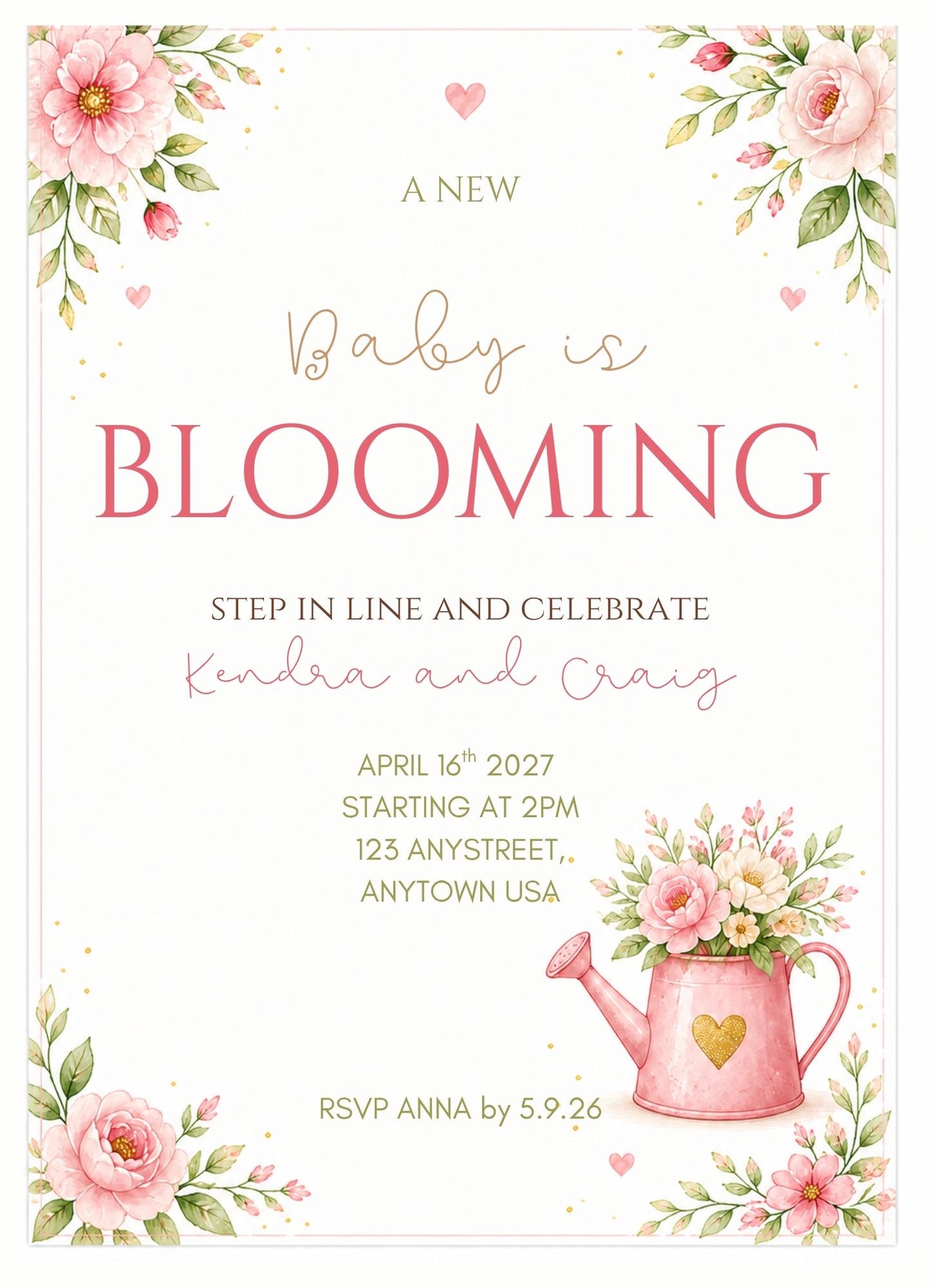 baby is blooming themed baby shower invitation with pink and green florals and images of flowers in a pink watering can with a heart watercolor design