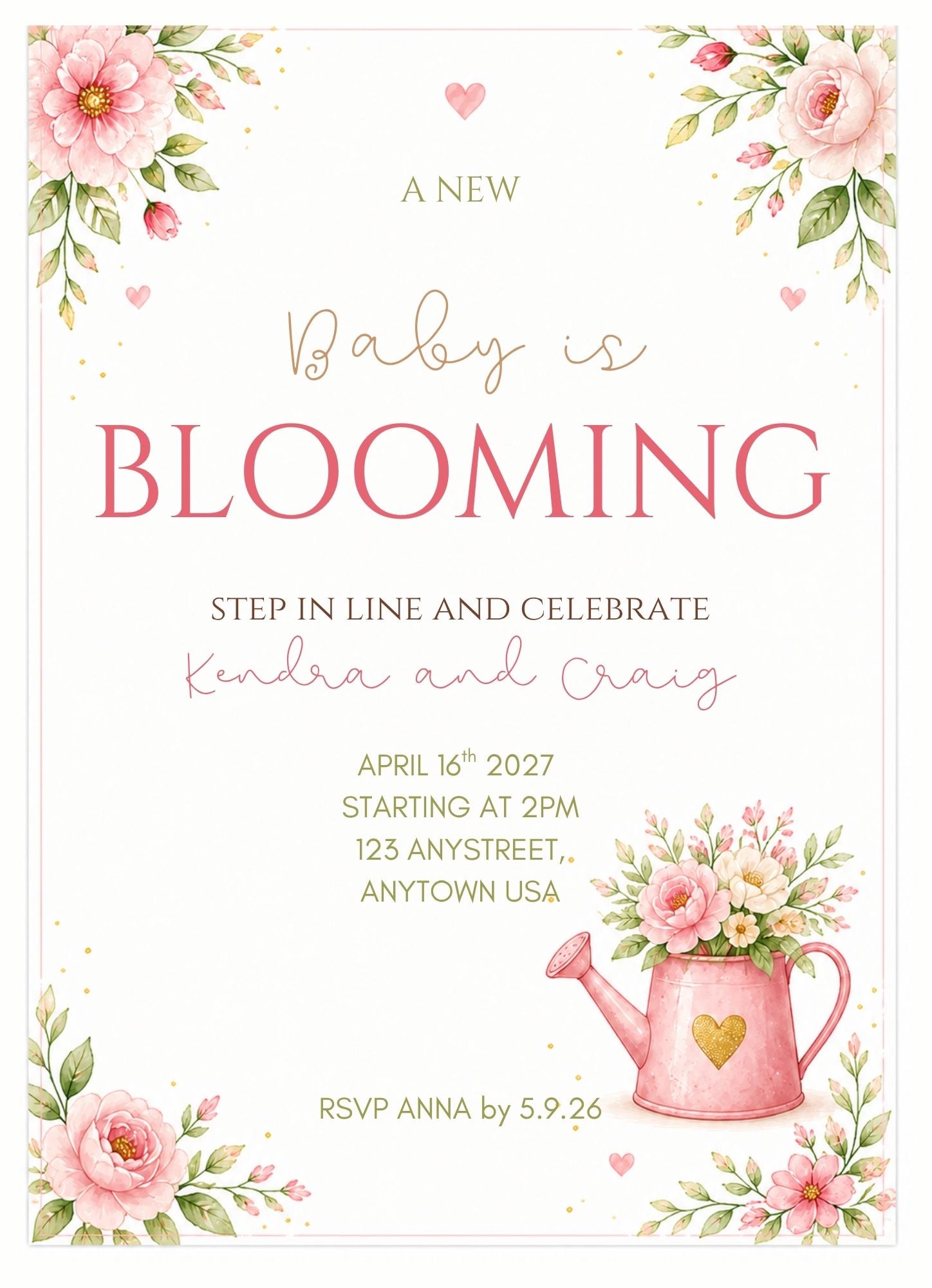 baby is blooming themed baby shower invitation with pink and green florals and images of flowers in a pink watering can with a heart watercolor design