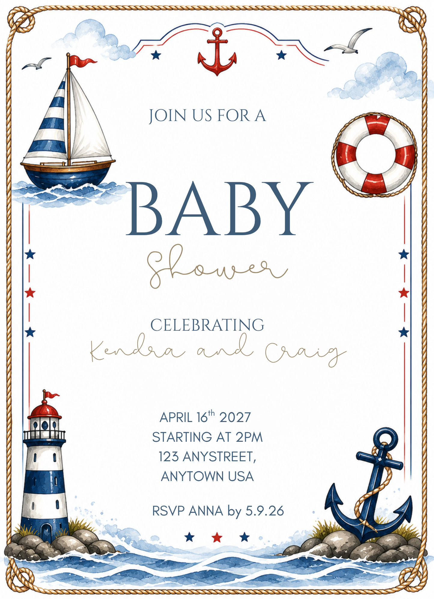Nautical Theme Baby Shower Invitation - Ahoy It's a Boy