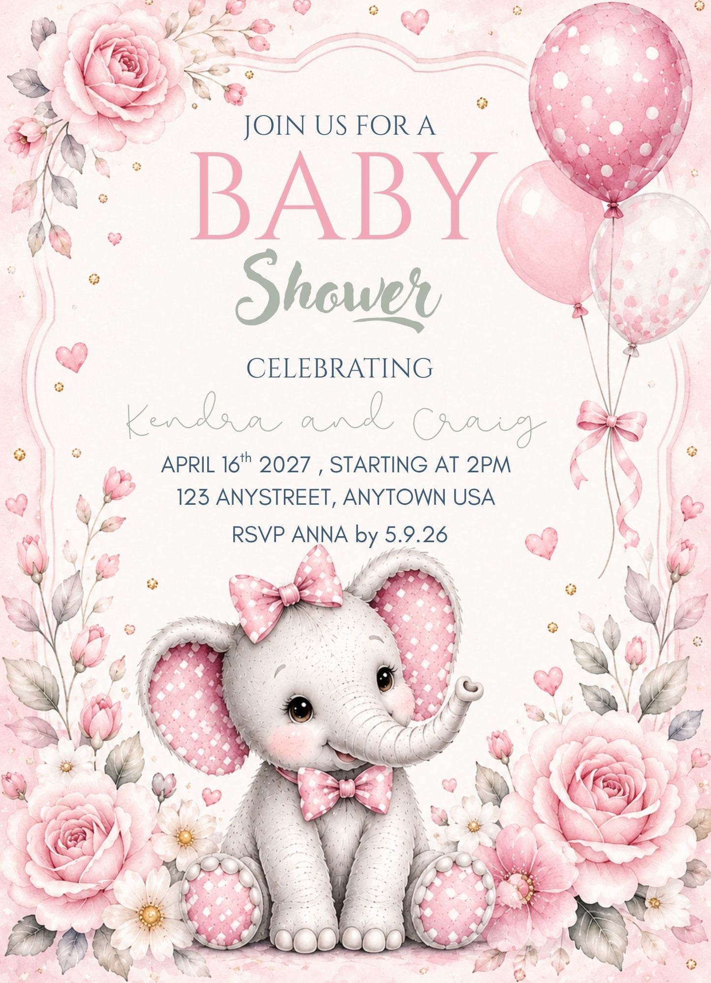 Pink Elephant Baby Shower Invitation - Floral Invitation for Girls