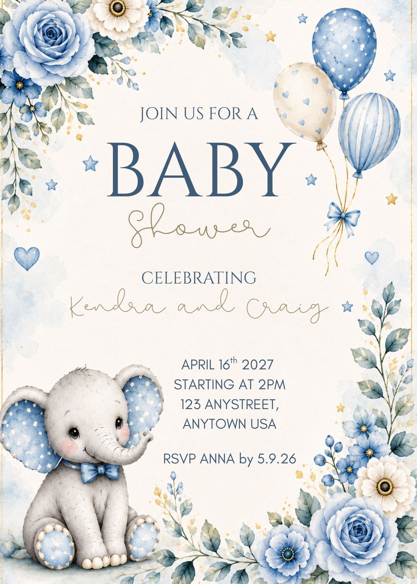 baby shower invitation on white cardstock with blue florals, balloons and a baby elephant with blue trimmed ears