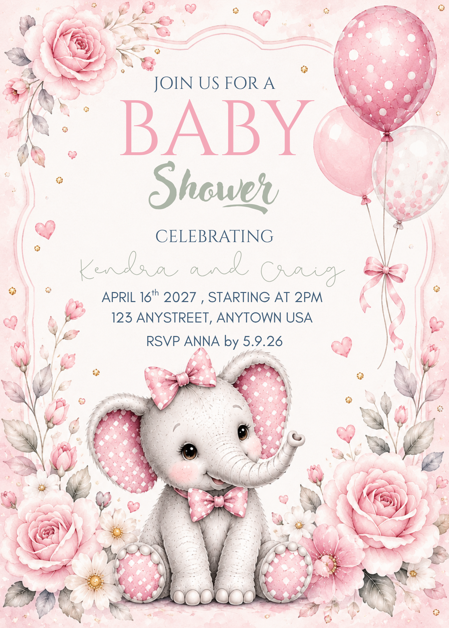 Baby Pink Elephant Baby Shower Invitation - 5x7 Personalized Shower Invite