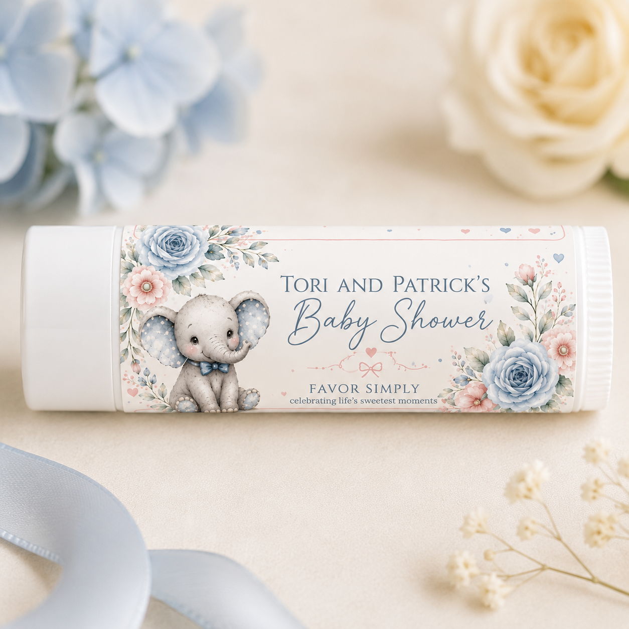 Blue Baby Elephant Baby Shower Lip Balm Favors Kit – 24 Lip Balm Party Favors with Personalized Labe