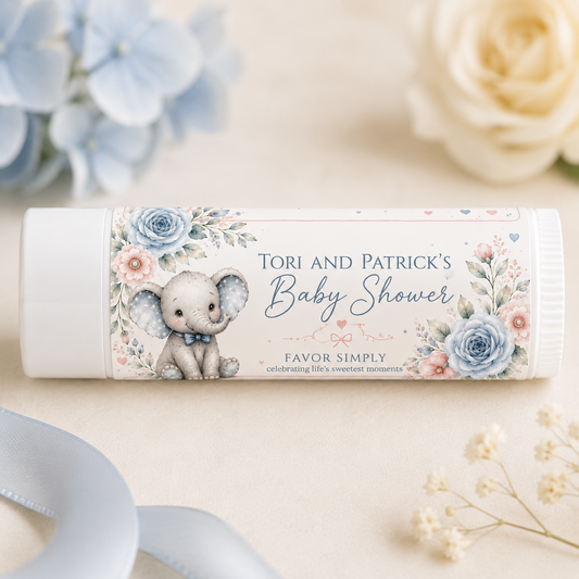 Blue Baby Elephant Baby Shower Lip Balm Favors Kit – 24 Lip Balm Party Favors with Personalized Labe