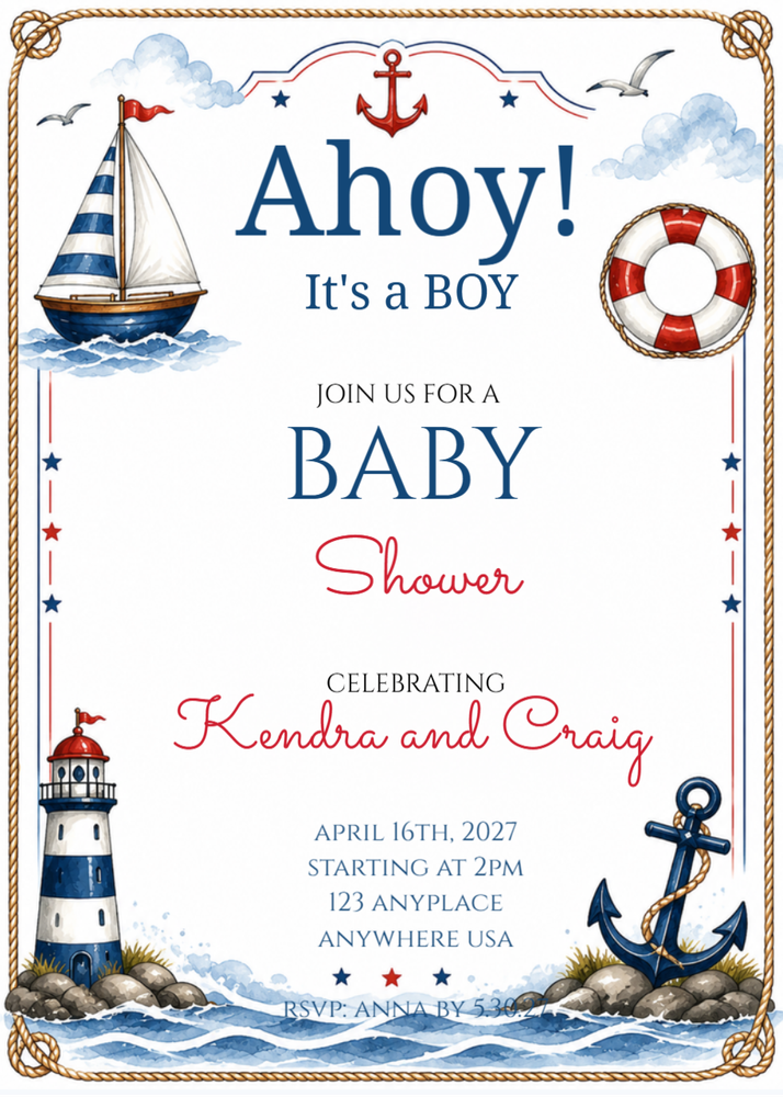 Nautical Theme Baby Shower Invitation - Ahoy It's a Boy