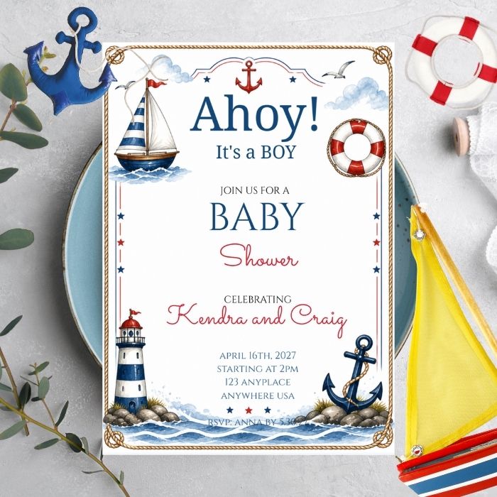 Nautical Theme Baby Shower Invitation - Ahoy It's a Boy
