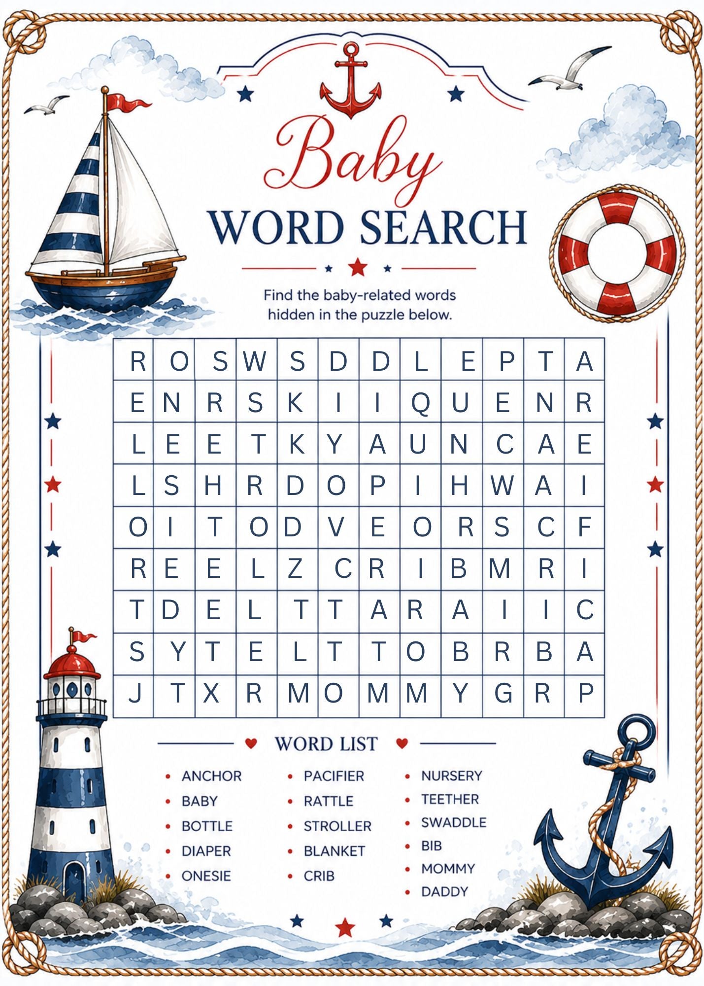 Nautical-themed baby word search puzzle sheet with a grid, word list, and decorative illustrations including a sailboat, lighthouse, anchor, seagulls, clouds, and a life preserver on a white background.