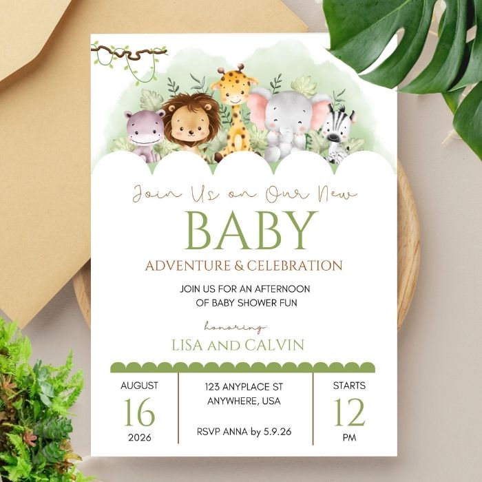 Personalized Jungle Baby Shower Invitations – Baby Safari 5x7 Baby Shower Invitations Printed in USA