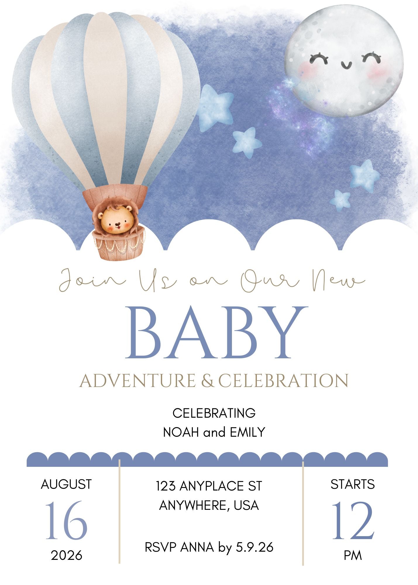 Blue balloon baby shower invitation in 5x7 with a blue hot air balloon and funny moon