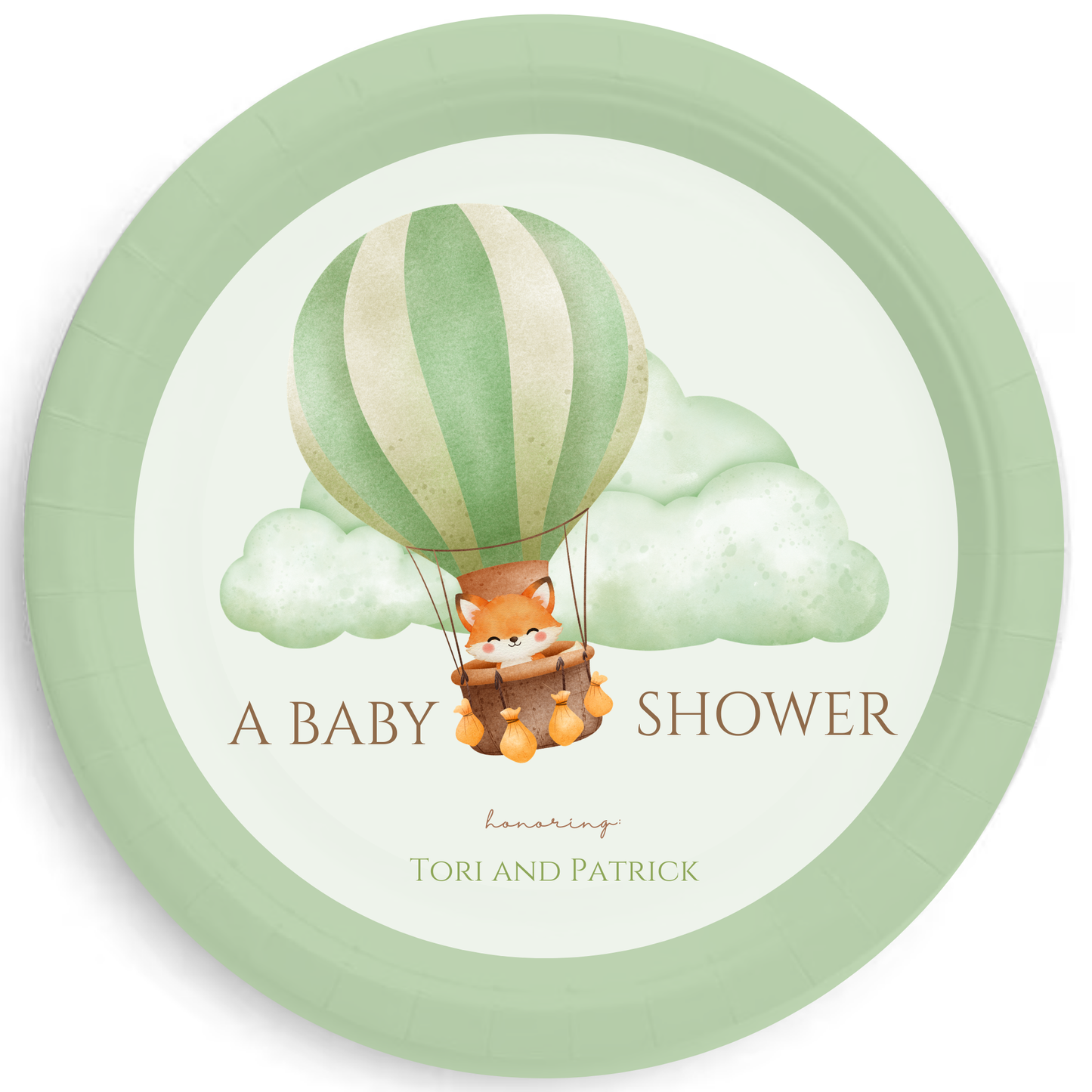Baby Shower Adventure Balloon Theme Personalized Baby Shower Plates – Hot Air Balloon Baby Animals Party Plates, 7" or 9", Set of 8 (4 Colors)