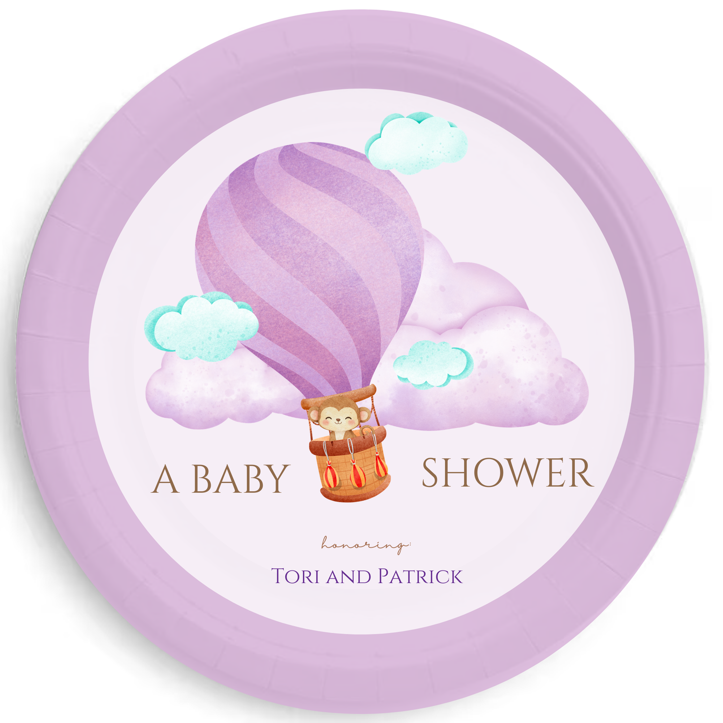 Baby Shower Adventure Balloon Theme Personalized Baby Shower Plates – Hot Air Balloon Baby Animals Party Plates, 7" or 9", Set of 8 (4 Colors)
