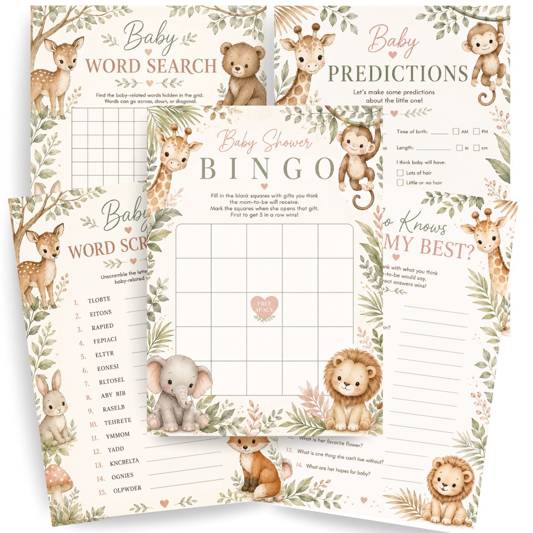 A set of baby shower game cards with a woodland safari theme, featuring illustrations of bears, monkeys, deer, a giraffe, and an elephant. The cards include 'Baby Word Search', 'Baby Predictions', 'Baby Shower Bingo', and 'Baby Shower My Best?'.