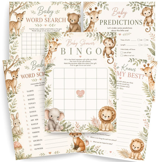 A set of baby shower game cards with a woodland safari theme, featuring illustrations of bears, monkeys, deer, a giraffe, and an elephant. The cards include 'Baby Word Search', 'Baby Predictions', 'Baby Shower Bingo', and 'Baby Shower My Best?'.