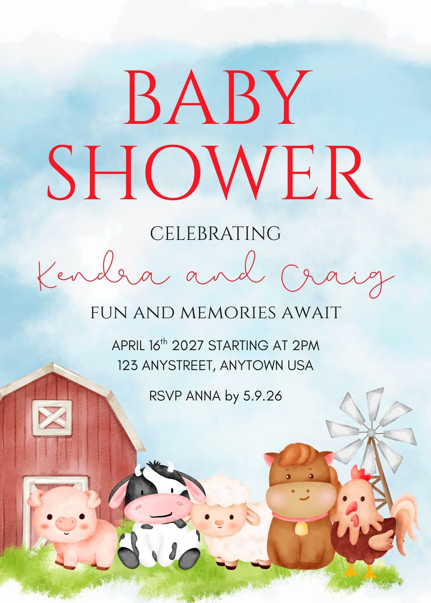 farm baby shower invitation with barnyard baby animals