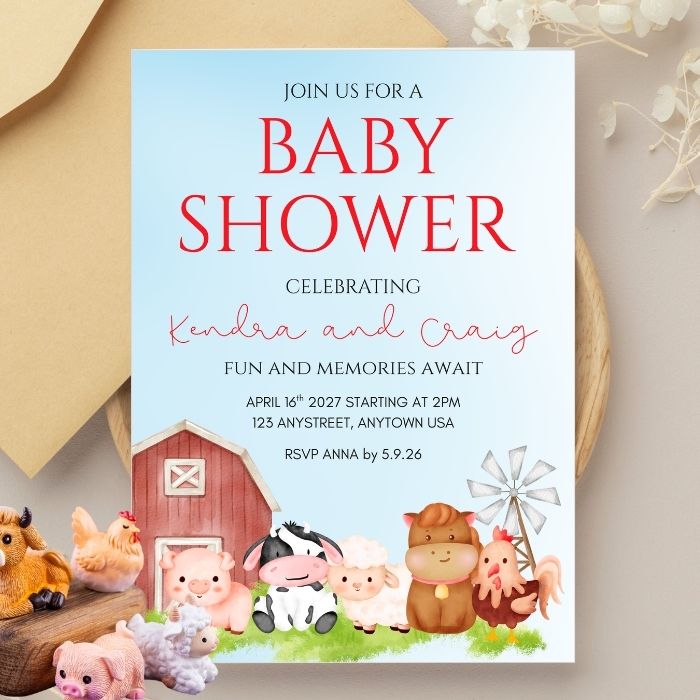 Barnyard Baby Shower Invitation | 5x7 Personalized Farm Animal Invite
