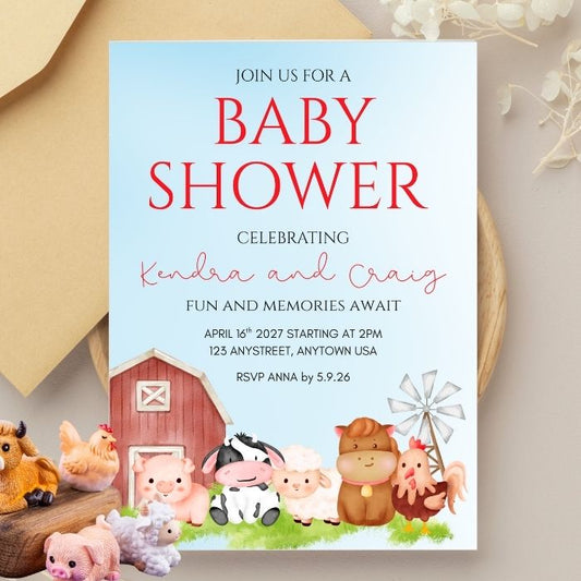 Barnyard Baby Shower Invitation | 5x7 Personalized Farm Animal Invite