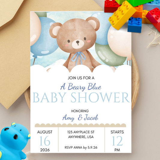 A Beary Blue Baby Shower Invitation - Teddy Bear Themed Shower Invitations 5"x7"