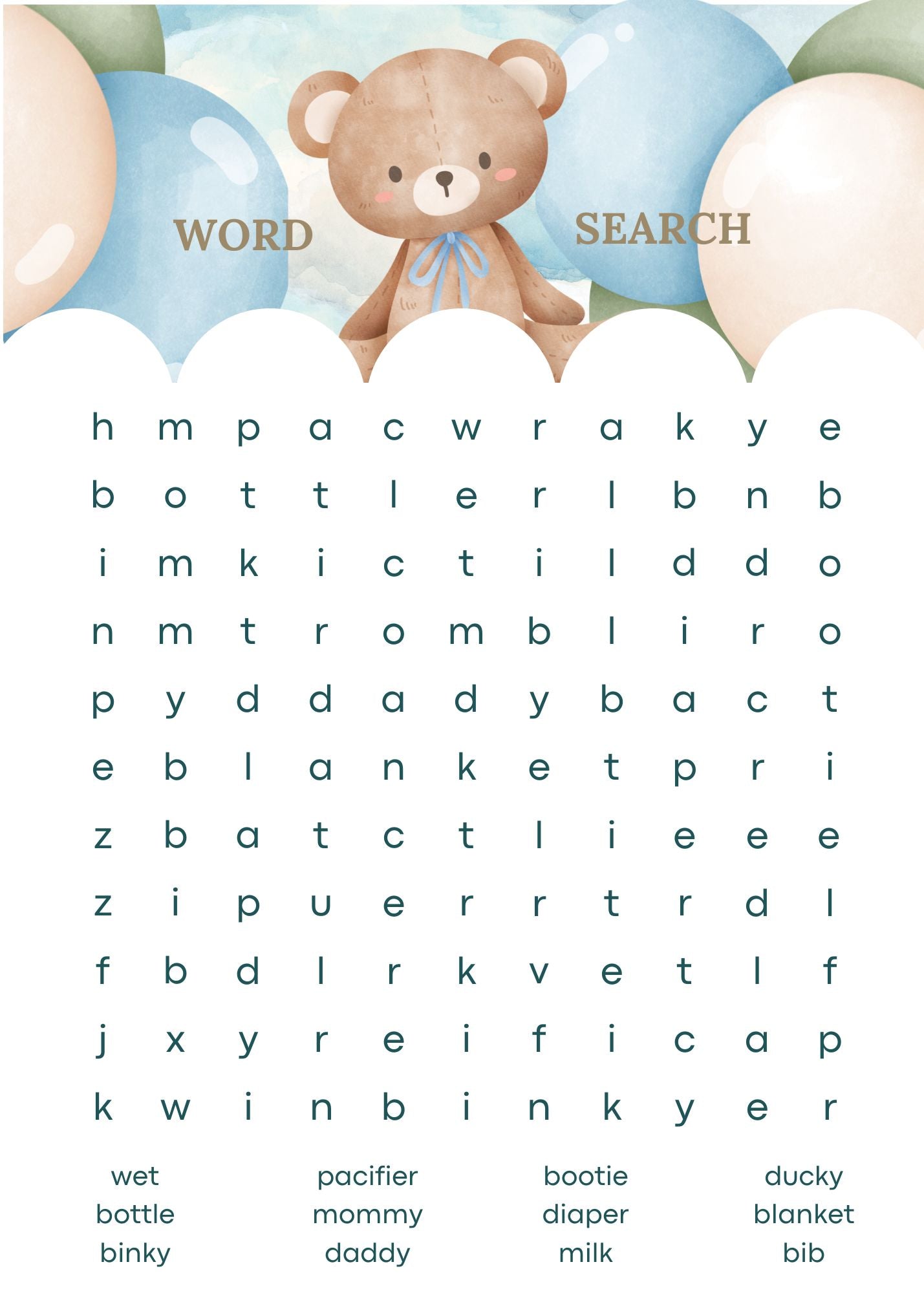 Blue Bear Baby Shower Word Search Game - Traditional Baby Shower Game